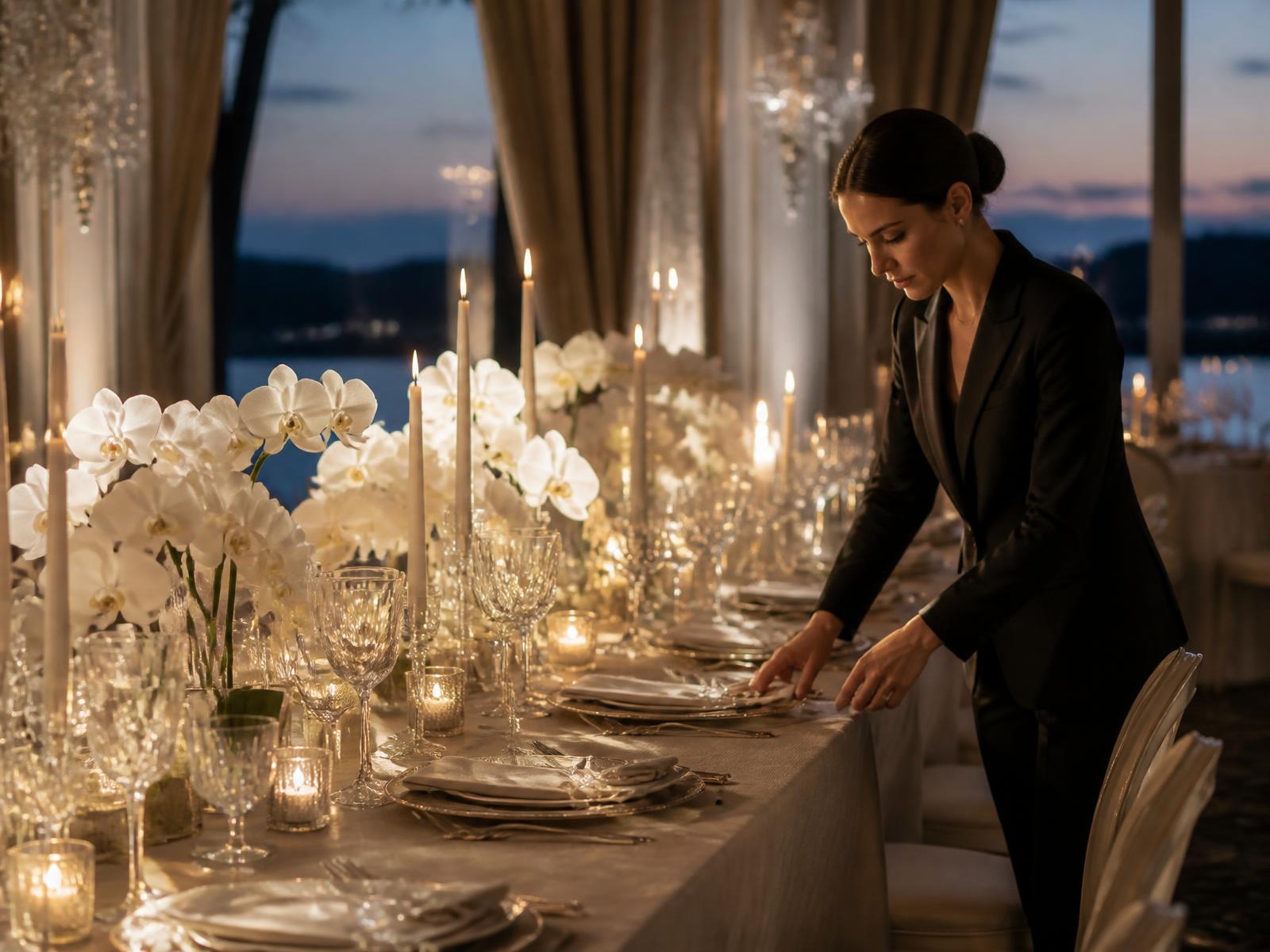Event planner finishing a candlelit luxury banquet table at dusk